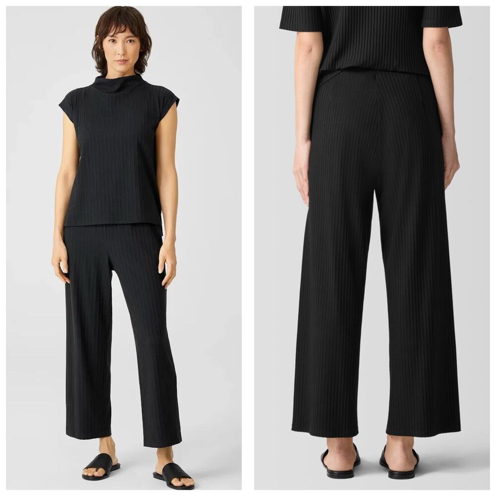 Eileen Fisher Black Textured Stretch Rib Straight Leg Pants Size Medium Pull On